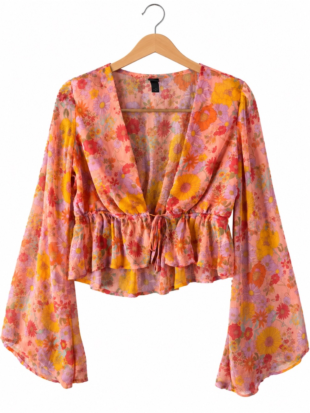 Wild Fable Floral Peplum Blouse M Pink Orange Bell Sleeve Cottagecore Boho